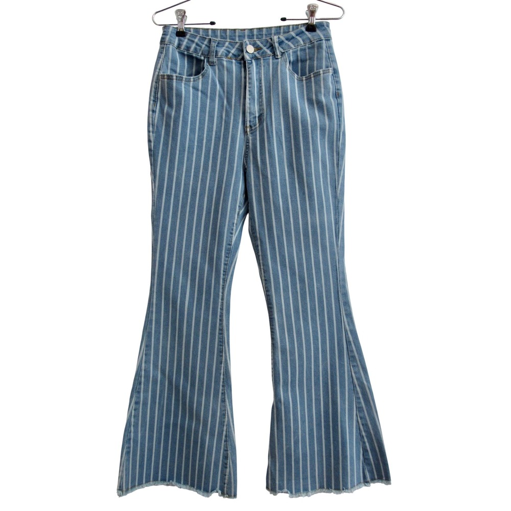 High Rise Flare Jean Blue White Stripe Bell Bottom Raw Hem Retro Boho Festival M